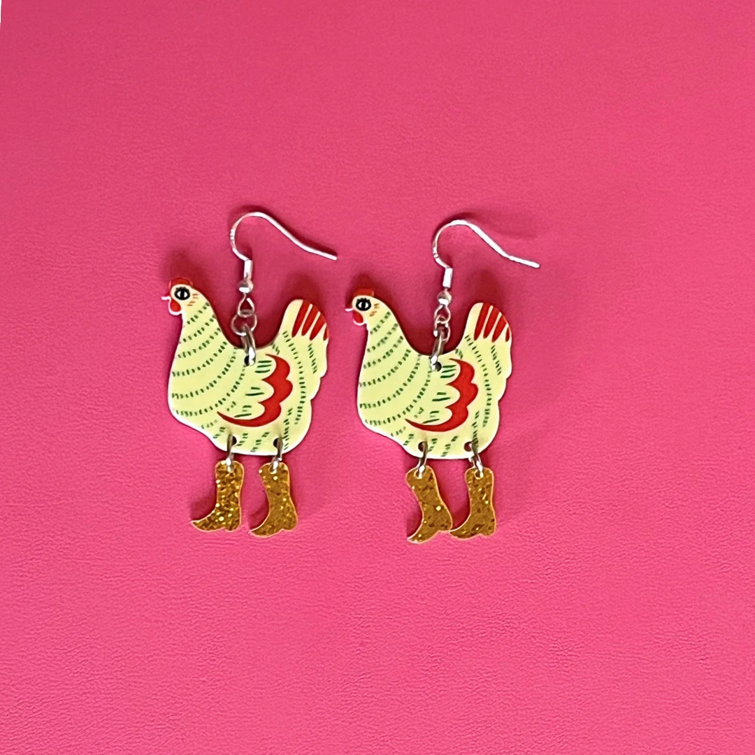 Yellow Chicken with Cowboy Boots Earrings