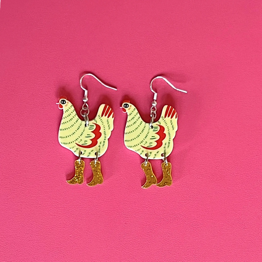 Yellow Chicken with Cowboy Boots Earrings